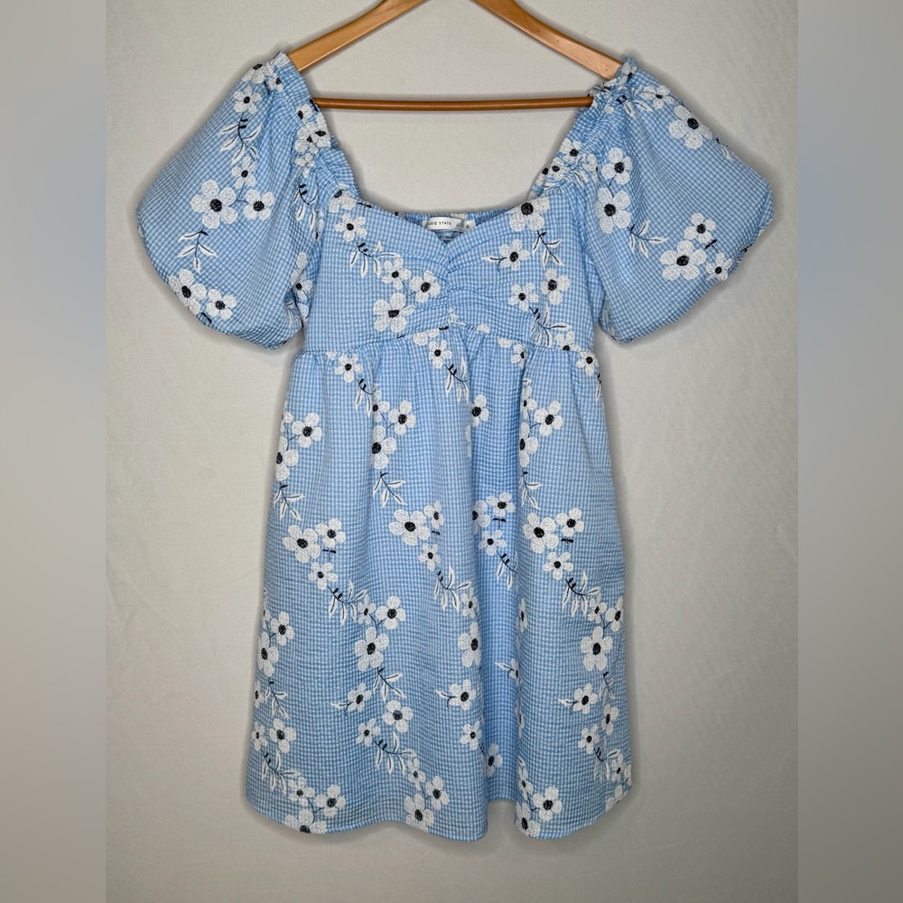Altar’d State Gingham Daisy Print Embroidered Puff Sleeve Mini Dress. Size Small - Picture 6 of 12